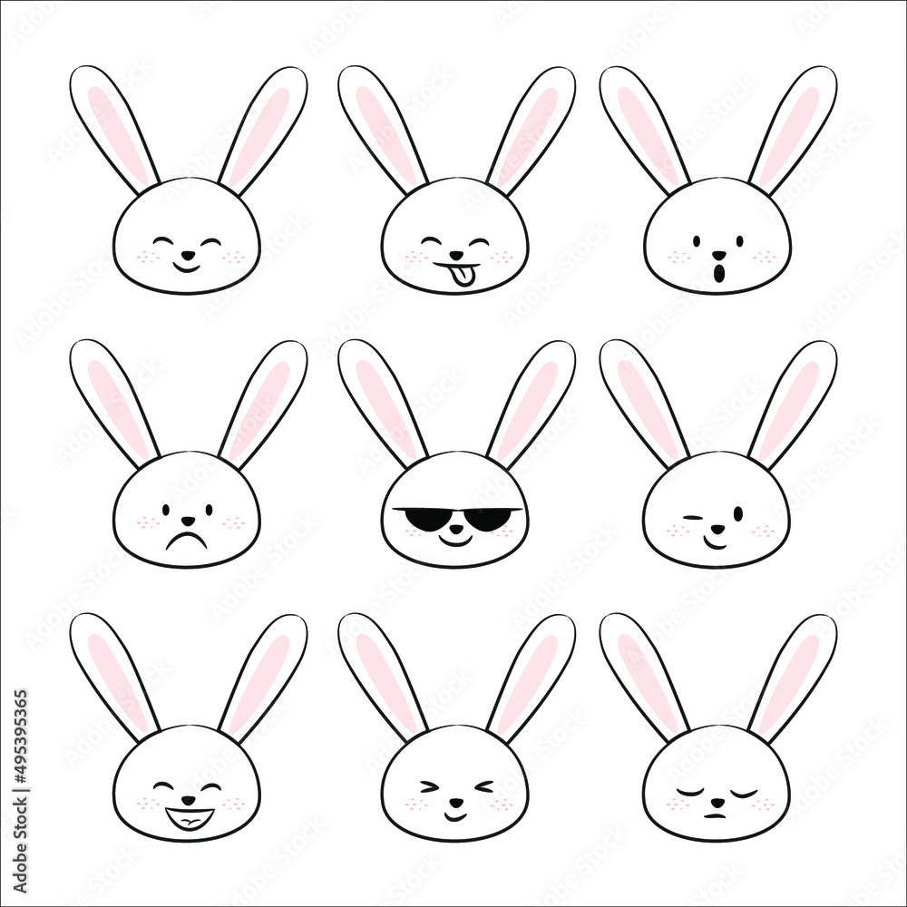 Set of cute Easter Bunny Emoticons with Happy and Lovely Faces on the white Background. Vector Illustration Design. Set of cute Easter Bunny Emoticons with Happy and Lovely Faces on the white Background. Vector Illustration Design.