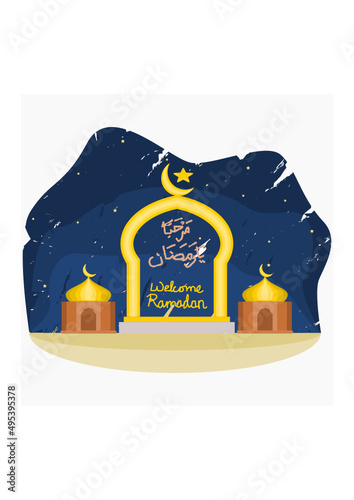 Editable Mosque Miniatures and Gate with Arabic Calligraphy Script of Marhaban Ya Ramadan on Brush Strokes Sky Background Vector Illustration for Fasting Month and Islamic Moments Design Concept
