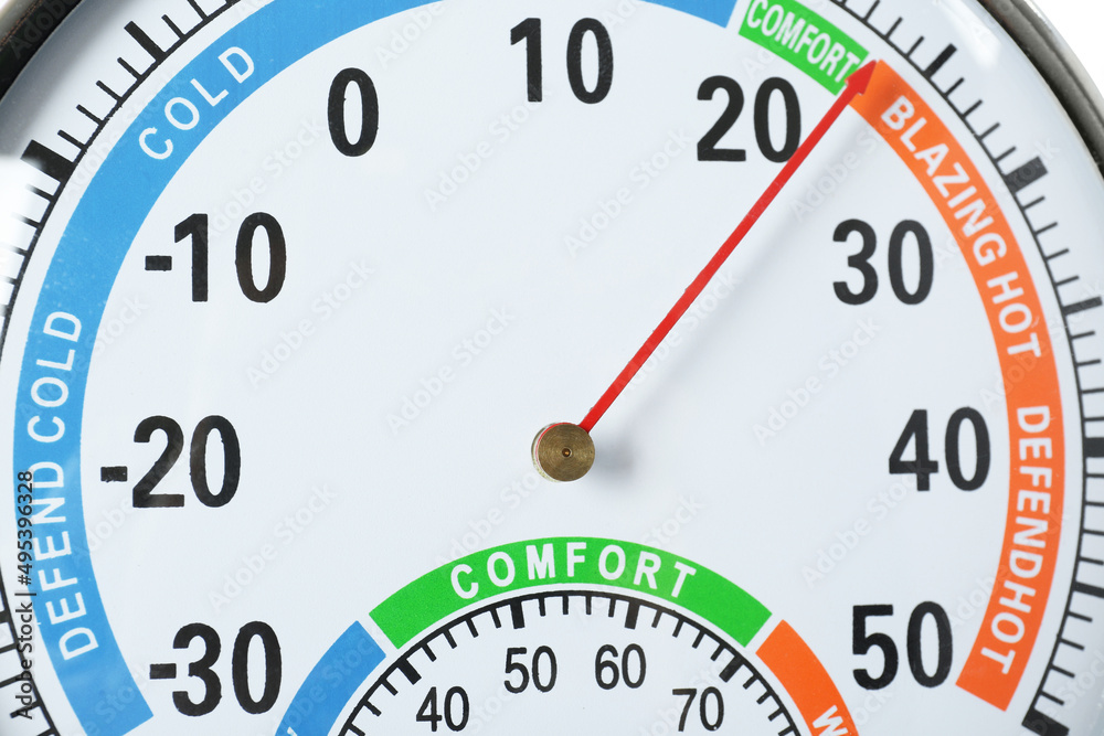 Closeup view of round mechanical hygrometer. Meteorological tool - obrazy, fototapety, plakaty 
