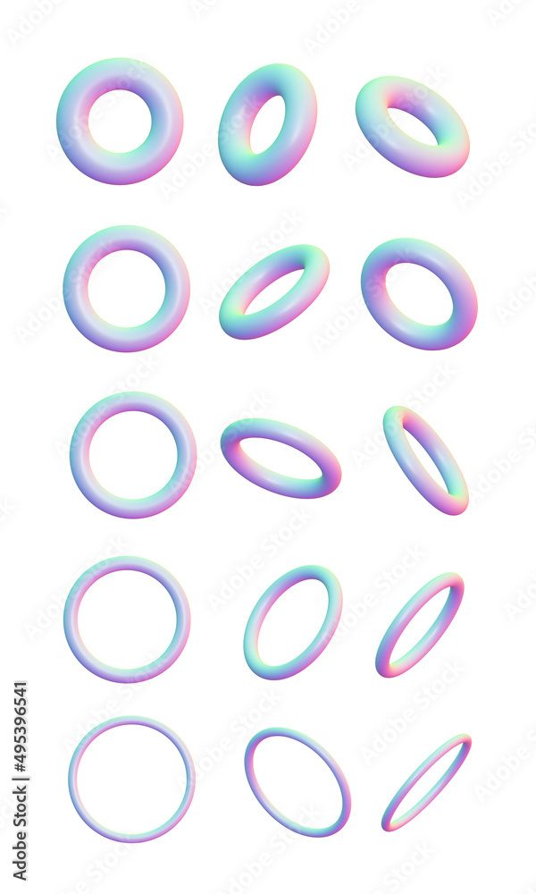 Set of holographic 3D geometric shapes torus of different sizes, thicknesses and angles isolated on white background. Set of holographic 3D geometric shapes torus of different sizes, thicknesses and angles isolated on white background.