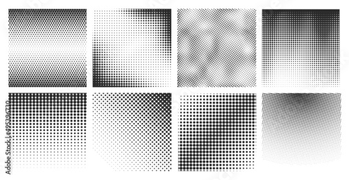 Halftone gradient effect. Black halftones gradients, dots patterns background. Abstract stipple noise textures, pop art design. Grain fades exact vector elements