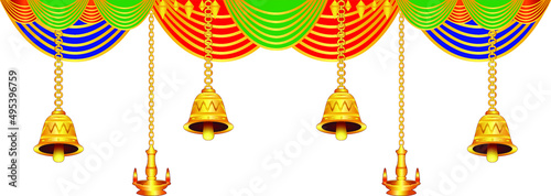 The creative and colorful design of the decorative curtains, lamps, and hanging bells of the temple in a very unique style.