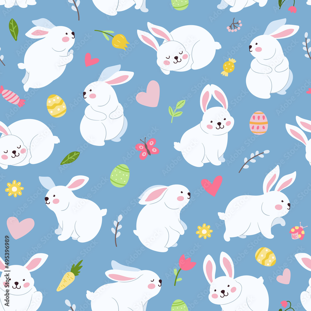 Spring rabbit seamless pattern. Easter toddler funny bunny, cartoon bunnies decorations. Cute animals, flowers, hearts and color eggs, neoteric vector background