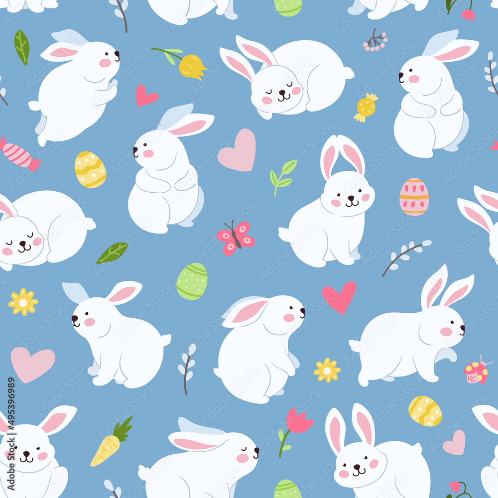 Spring rabbit seamless pattern. Easter toddler funny bunny, cartoon bunnies decorations. Cute animals, flowers, hearts and color eggs, neoteric vector background Spring rabbit seamless pattern. Easter toddler funny bunny, cartoon bunnies decorations. Cute animals, flowers, hearts and color eggs, neoteric vector background