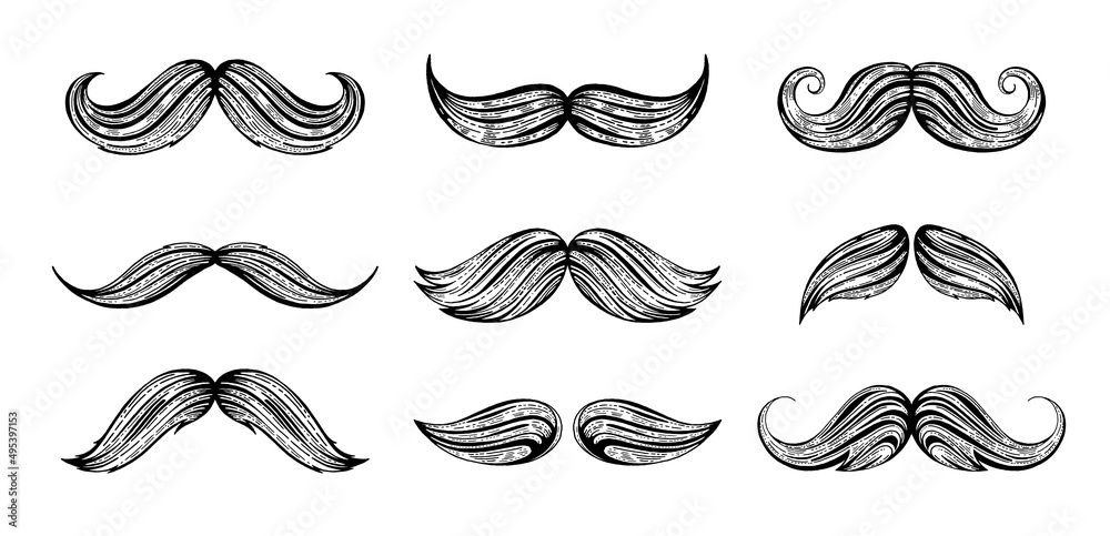 Moustache vector set. Isolated mustache icons. Black cartoon beard hair  moustache illustration. Vintage barber silhouette. Funny face old style  sketch. Retro hipster gentleman. Black Fathers day art Stock Vector | Adobe  Stock