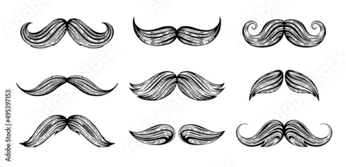 Moustache vector set. Isolated mustache icons. Black cartoon beard hair moustache illustration. Vintage barber silhouette. Funny face old style sketch. Retro hipster gentleman. Black Fathers day art
