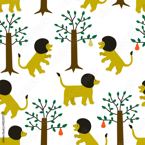 Hand-drawn animal seamless pattern. Cute unusual lions in the pear gerden. Stylish retro pattern design for fabric or wallpaper. Lions and pear trees on white background.