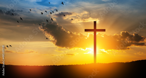 Canvastavla Christian cross on hill outdoors at sunrise