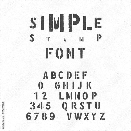 Hand Crafted Modern Font Lettering Named Simple Stamp - Pale Black Caps and Numerals on White Rough Paper Background - Typography Design