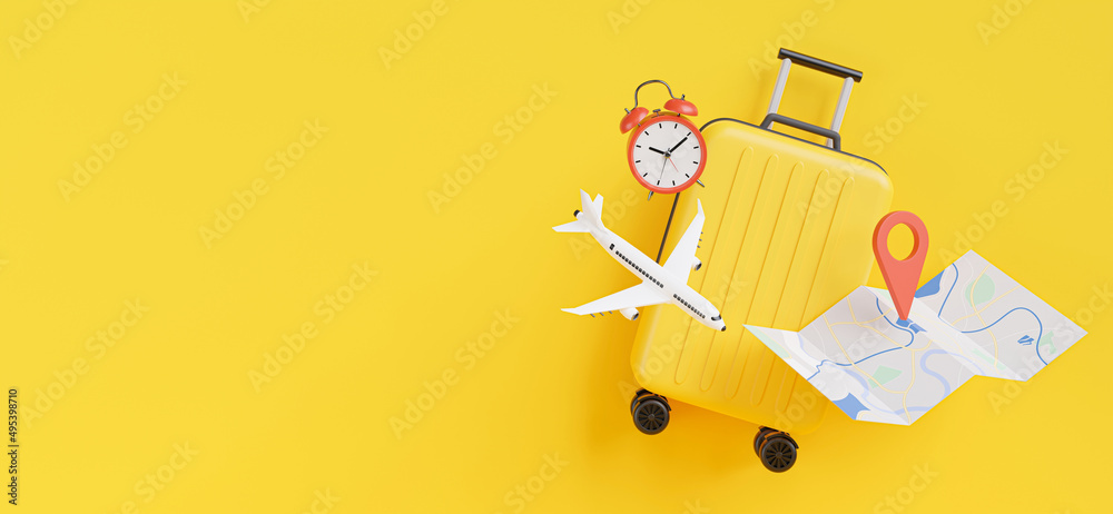 3d render of Traveling suitcase with accessories and vacation travel concept