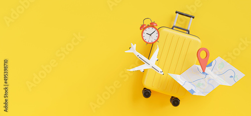 3d render of Traveling suitcase with accessories and vacation travel concept
