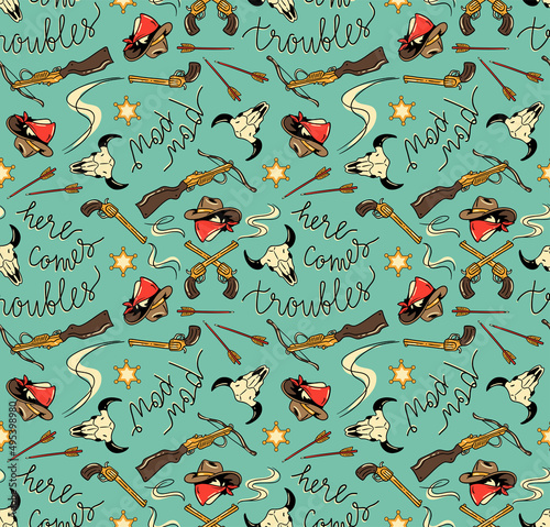 Vector seamless pattern. Wild west print design. Repeated pattern in american retro style.