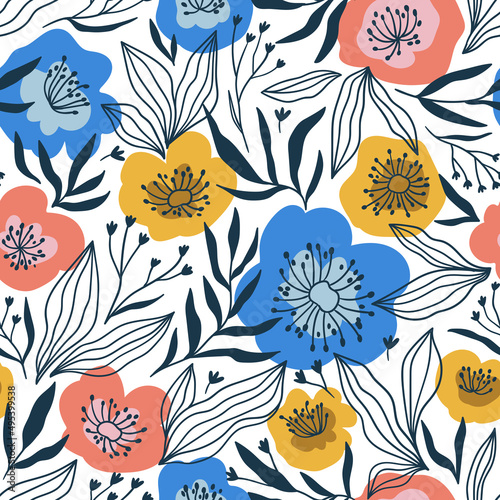 Trendy seamless floral ditsy pattern. Fabric design with simple flowers. Vector cute repeated pattern for fabric, wallpaper or wrap paper