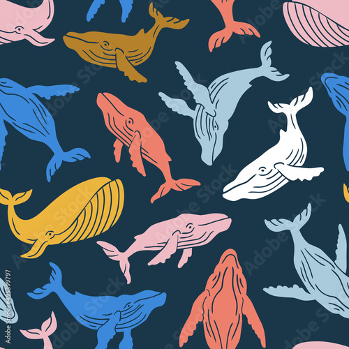 Sperm whale seamless pattern. Colorful whale vector background.