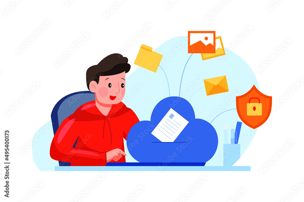 A Man Uploading Data On The Cloud Illustration concept