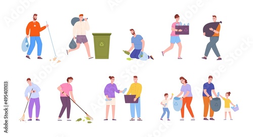 People clean up trash. Volunteer clean-up park garbage, voluntary family environmentalism, ecology recycle, collect litter waste dustbin bag, recycling environment