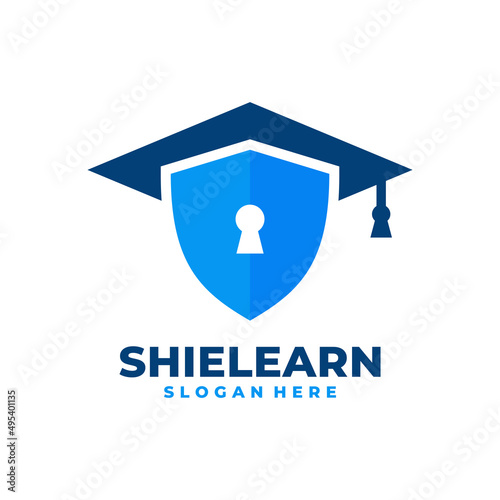 Graduate hat and shield logo vector. Safe graduation celebration logo template design concept.