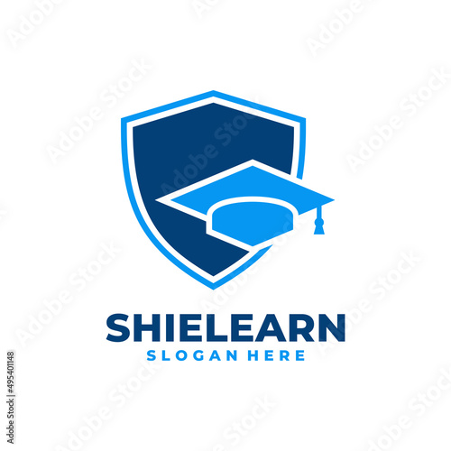 Graduate hat and shield logo vector. Safe graduation celebration logo template design concept.