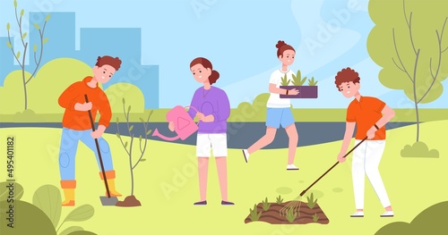 Children planting park. Kids help gardening plants on spring nature, child community improve ecology, cute kid plant tree or flower, holiday adventure splendid vector illustration