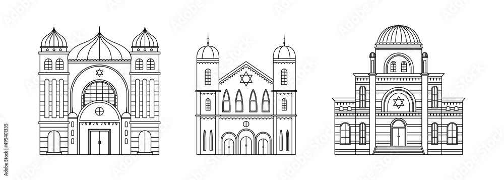 Vector set of synagogue illustrations. Religious architectural building. Outline
