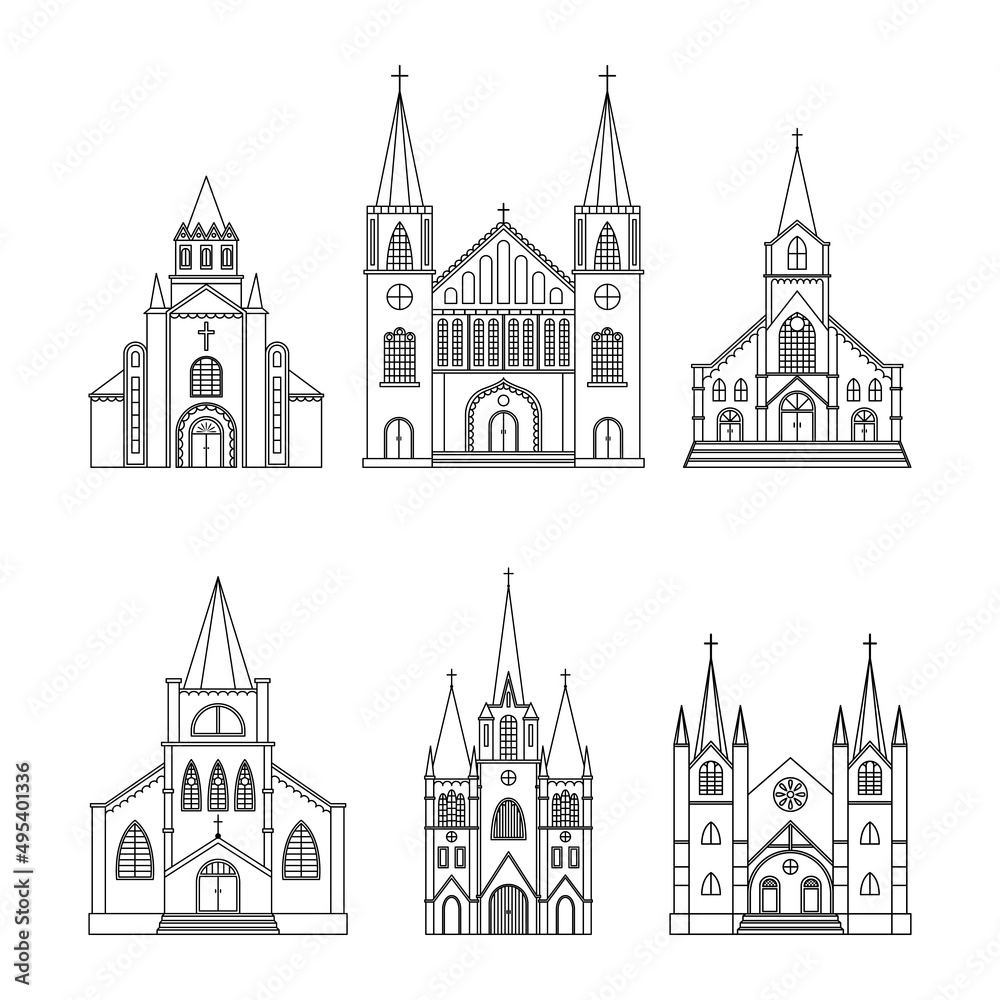 Vector set of illustrations of Catholic churches. Religious architectural building. Outline