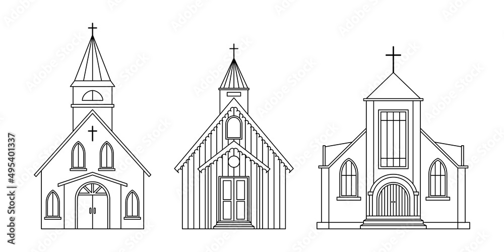 Vector set of illustrations of the Protestant Church. Religious architectural building. Outline
