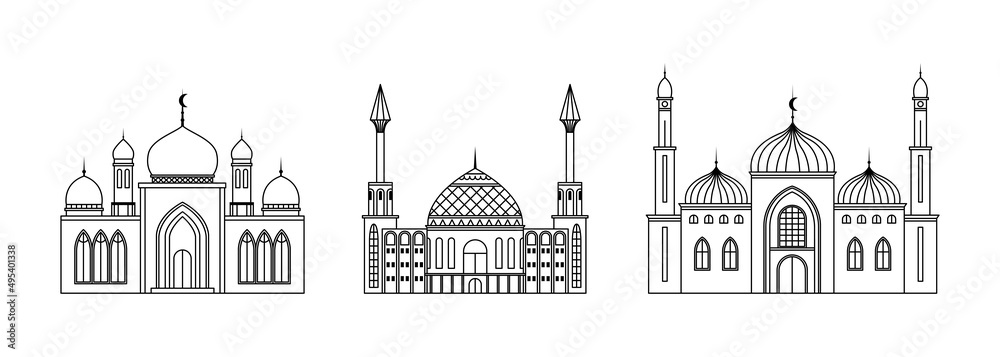 Vector set of illustrations of the mosque. Religious architectural building. Outline
