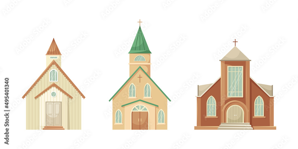 Vector set of illustrations of the Protestant Church. Religious architectural building. Flat style