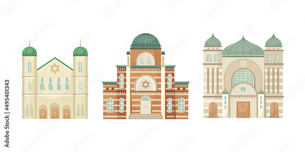 Vector set of synagogue illustrations. Religious architectural building. Flat style