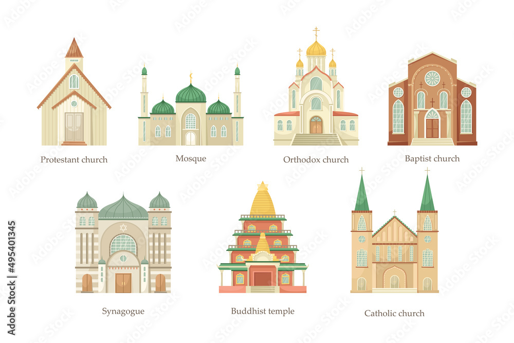 Vector set of illustrations of churches of different religious denominations. Religious architectural building. - obrazy, fototapety, plakaty 