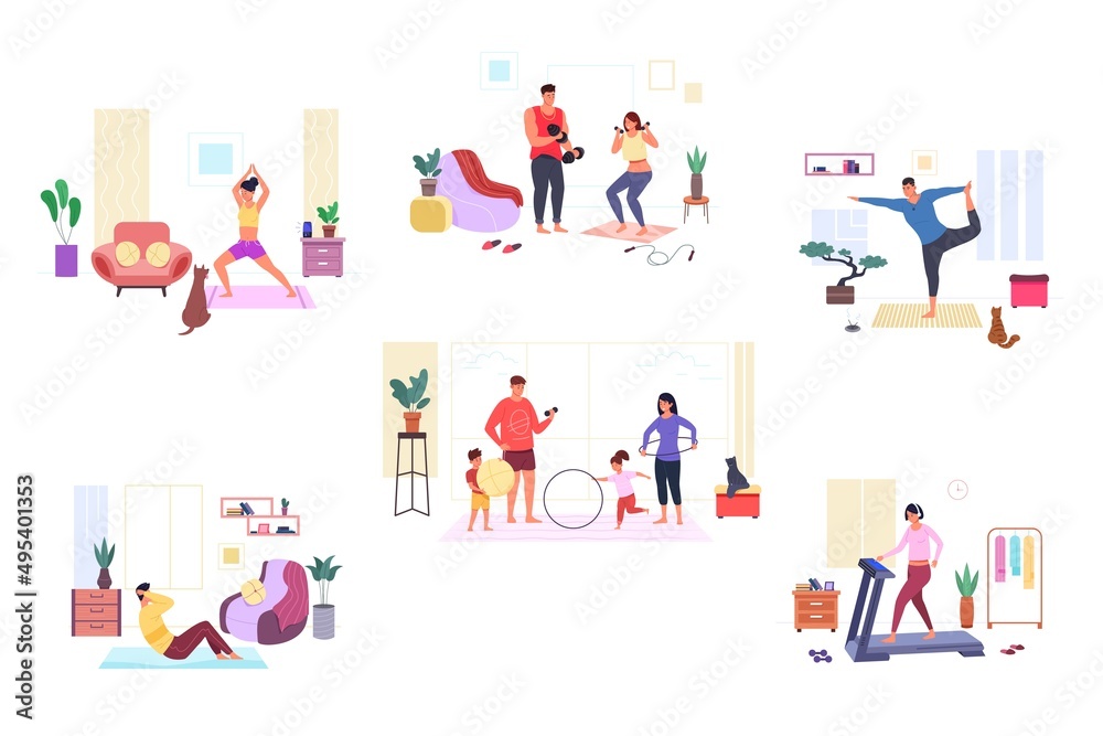 Family sports stretching. Diverse position of sport exercise home workout characters, fit couple doing casa gym wellness kid with father practicing yoga, garish vector illustration