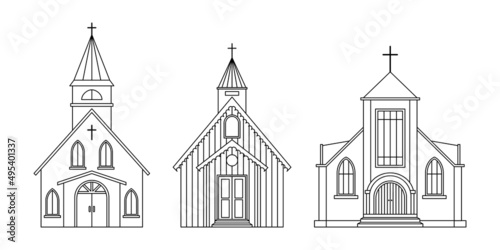 Vector set of illustrations of the Protestant Church. Religious architectural building. Outline