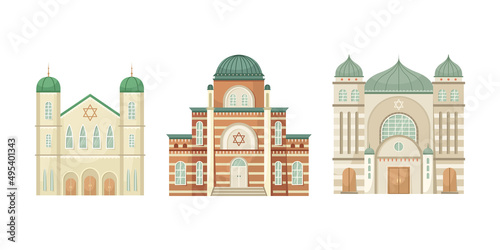 Vector set of synagogue illustrations. Religious architectural building. Flat style