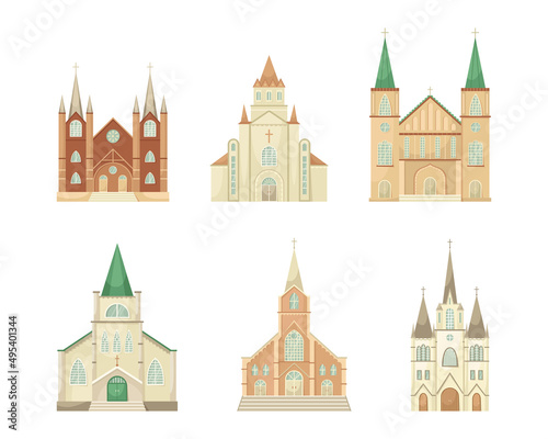 Vector set of illustrations of Catholic churches. Religious architectural building. Flat style