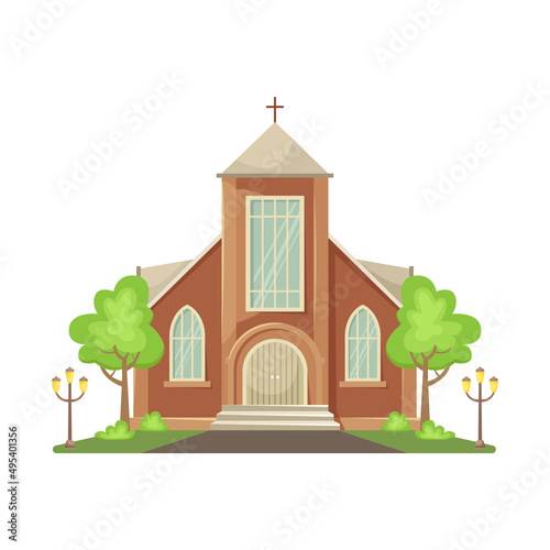 Vector illustration of a Protestant church. Religious architectural building.