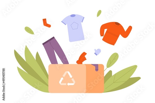 Recycle natural clothing. Donate fashion cloth over recycling textile, clothed waste from sustainable organic material, vector illustration