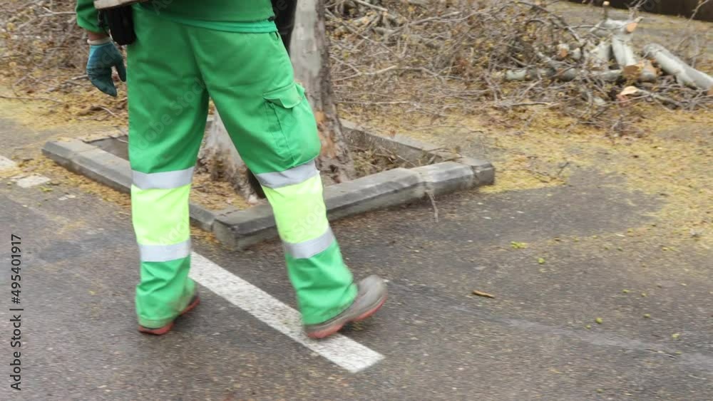unrecognizable worker clearing the street of pruning waste with a blowing machine unrecognizable worker clearing the street of pruning waste with a blowing machine