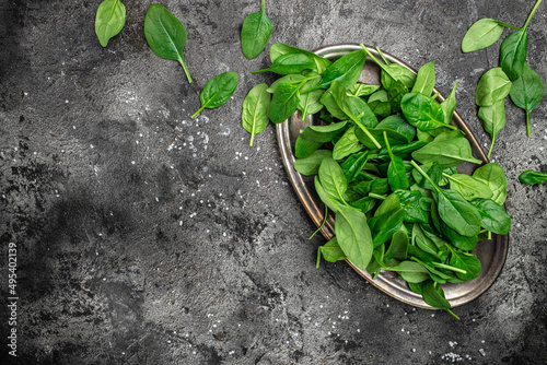 Spinach. Raw organic fresh baby spinach leaves in a metal bowl on dark background. banner, menu, recipe place for text, top view
