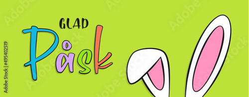 Swedish text Glad påsk. Happy Easter colorful lettering, bunny ears and green background. Vector
