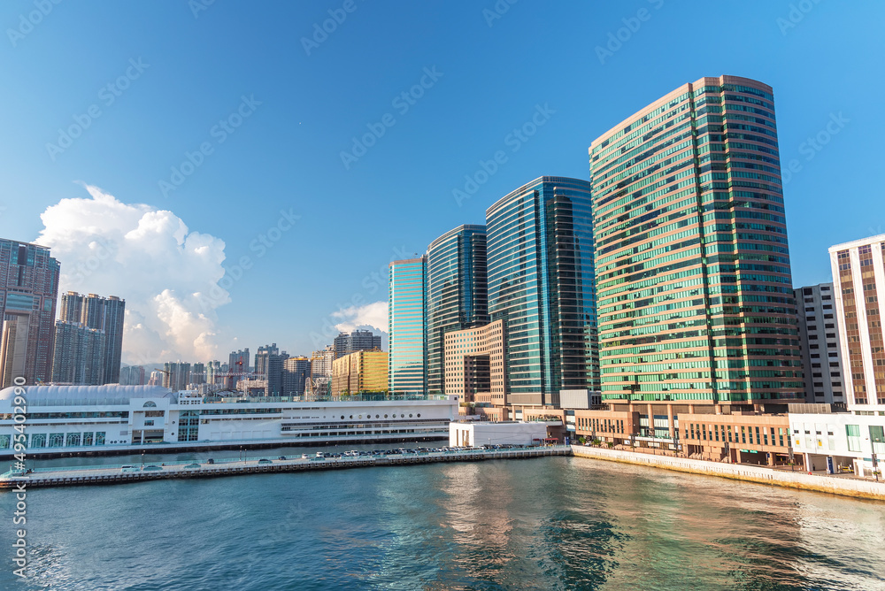 Pier in Victoria harbor of Hong Kong city