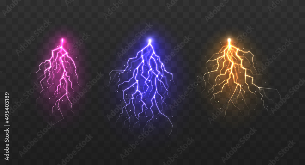 Lightning various colors set, glowing thunderbolt and brightning power shock magic lines.