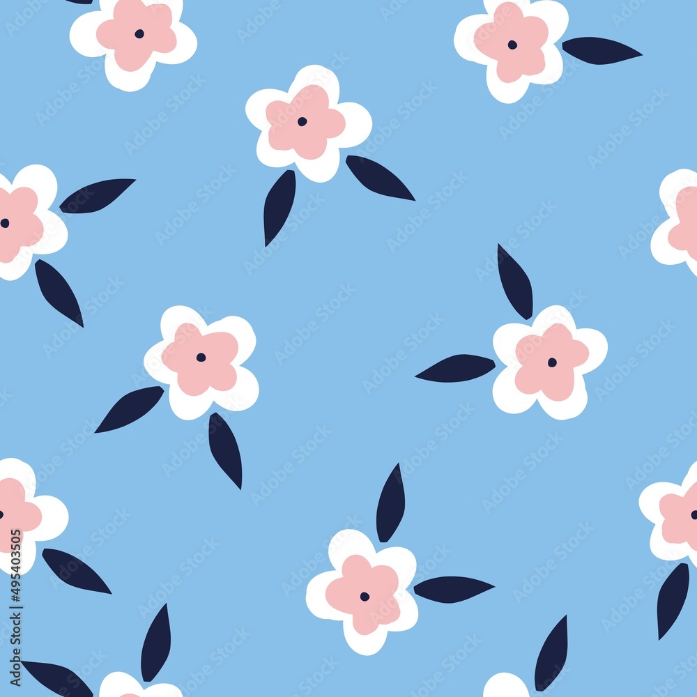Seamless vintage pattern. pink flowers , dark blue leaves . light blue background. vector texture. fashionable print for textiles, wallpaper and packaging.