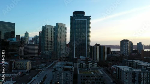 Rising aerial shot of condo complexes in Seattle, Washington. photo
