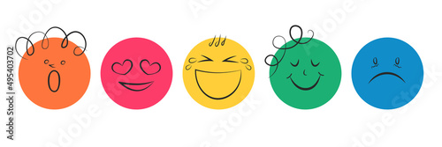 Abstract comic faces with various emotions. Hand drawn icon set vector illustration in drawing style