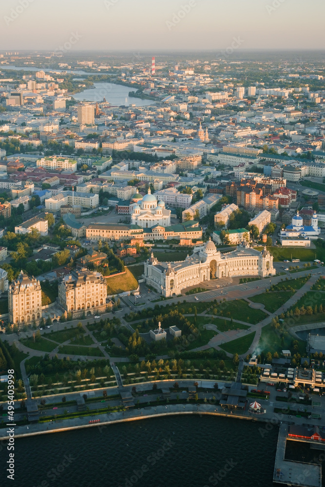 Summer shot from above of Kazan city. Capital of the Tatarstan, Russia. City centre and landmark. Buildings and attractions. Torism and tourist destination. Farmer's palace and Kazan Cathedral
