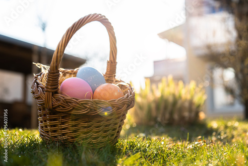 Happy Easter. Basket with Easter eggs in grass on a sunny spring day - Easter decoration, banner, panorama, background with copy space for text.