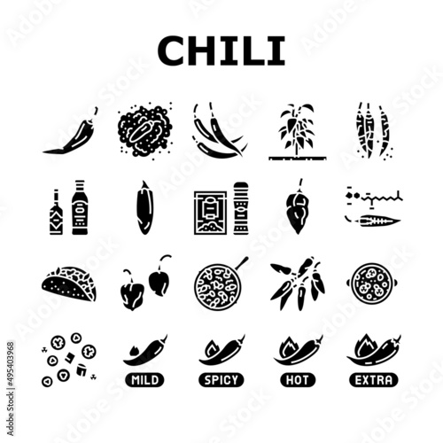 Chili Spicy Natural Vegetable Icons Set Vector. Habanero And Cayenne, Capsaicin And Jalapeno Chili Pepper Bio Product Harvesting In Garden. Sauce And Mexican Food Glyph Pictograms Black Illustrations