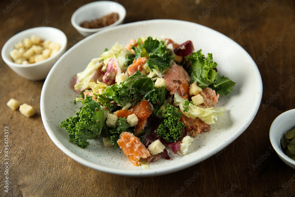 Kale salad with hot smoked salmon Kale salad with hot smoked salmon