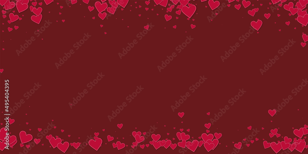 Red heart love confettis. Valentine's day falling rain splendid background. Falling stitched paper hearts confetti on maroon background. Eminent vector illustration.
