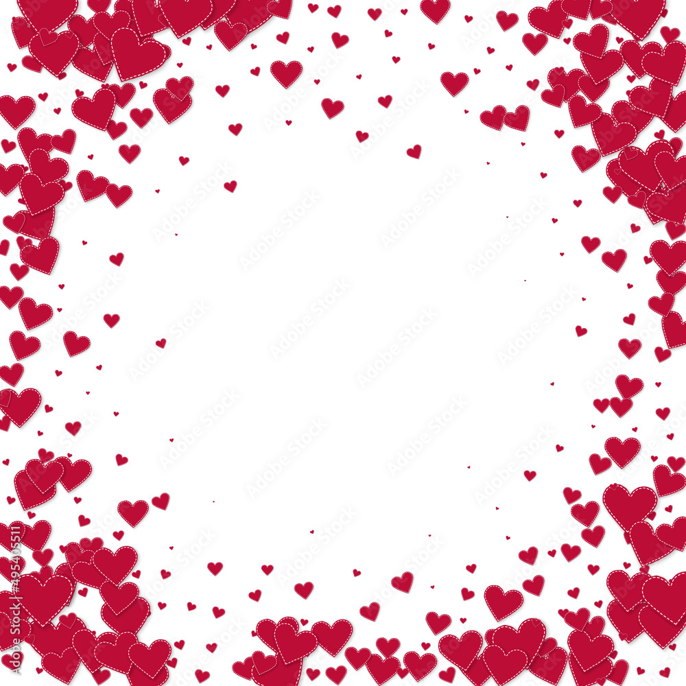 Red heart love confettis. Valentine's day vignette trending background. Falling stitched paper hearts confetti on white background. Dazzling vector illustration.